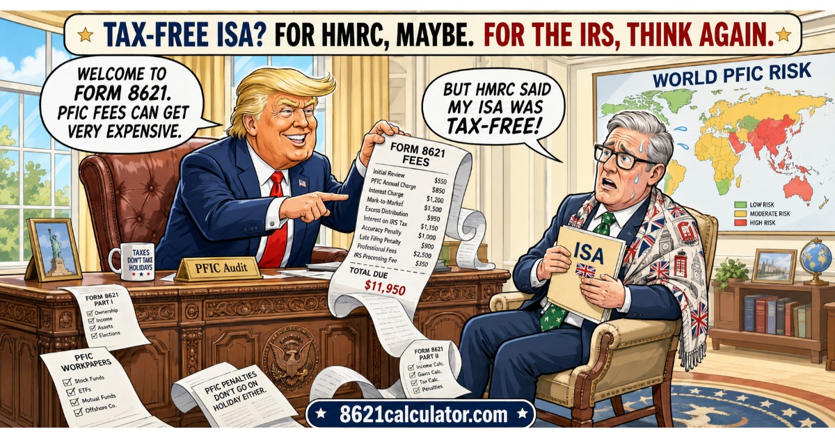 Comparison of UK ISA tax-free status versus US IRS PFIC tax obligations on Form 8621.
