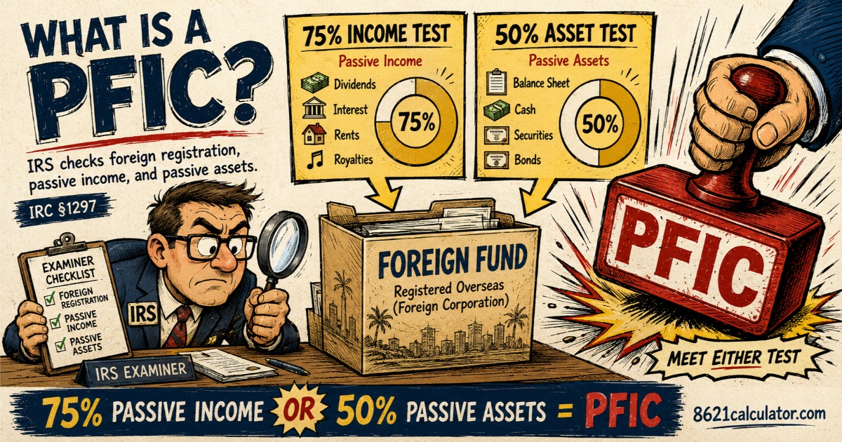 Technical infographic explaining what is a PFIC (Passive Foreign Investment Company) under IRC Section 1297, detailing the 75% Passive Income Test and the 50% Passive Asset Test for foreign corporations and investment funds.